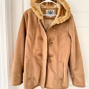 Esprit Tan Faux Shearling Toggle Coat Hooded Winter Jacket XL